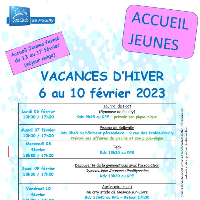 Accueil Jeunes : vacances d&rsquo;hiver du 6 au 10 février