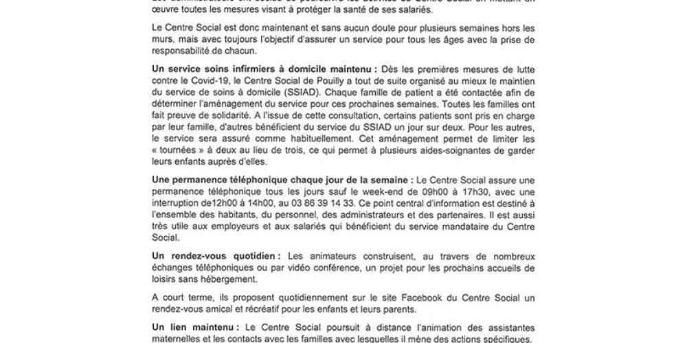 Mai – juin 2020 : Les temps du Centre Social de Pouilly