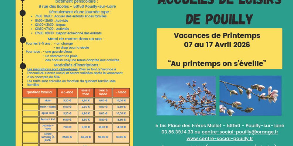Accueils de Loisirs de Pouilly du 07 au 17 avril 2026